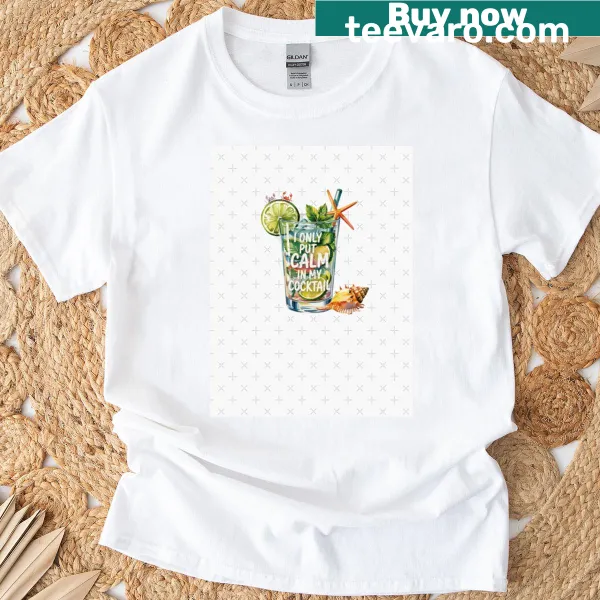 Chic illustration t-shirt featuring a calm cocktail by the sea, perfect for summer vibes.