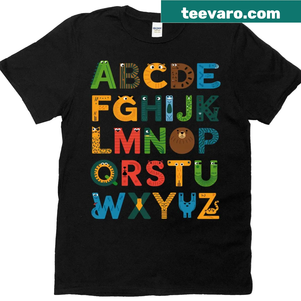 T-shirt featuring an ABC animal alphabet graphic for teachers. — on a men's t-shirt