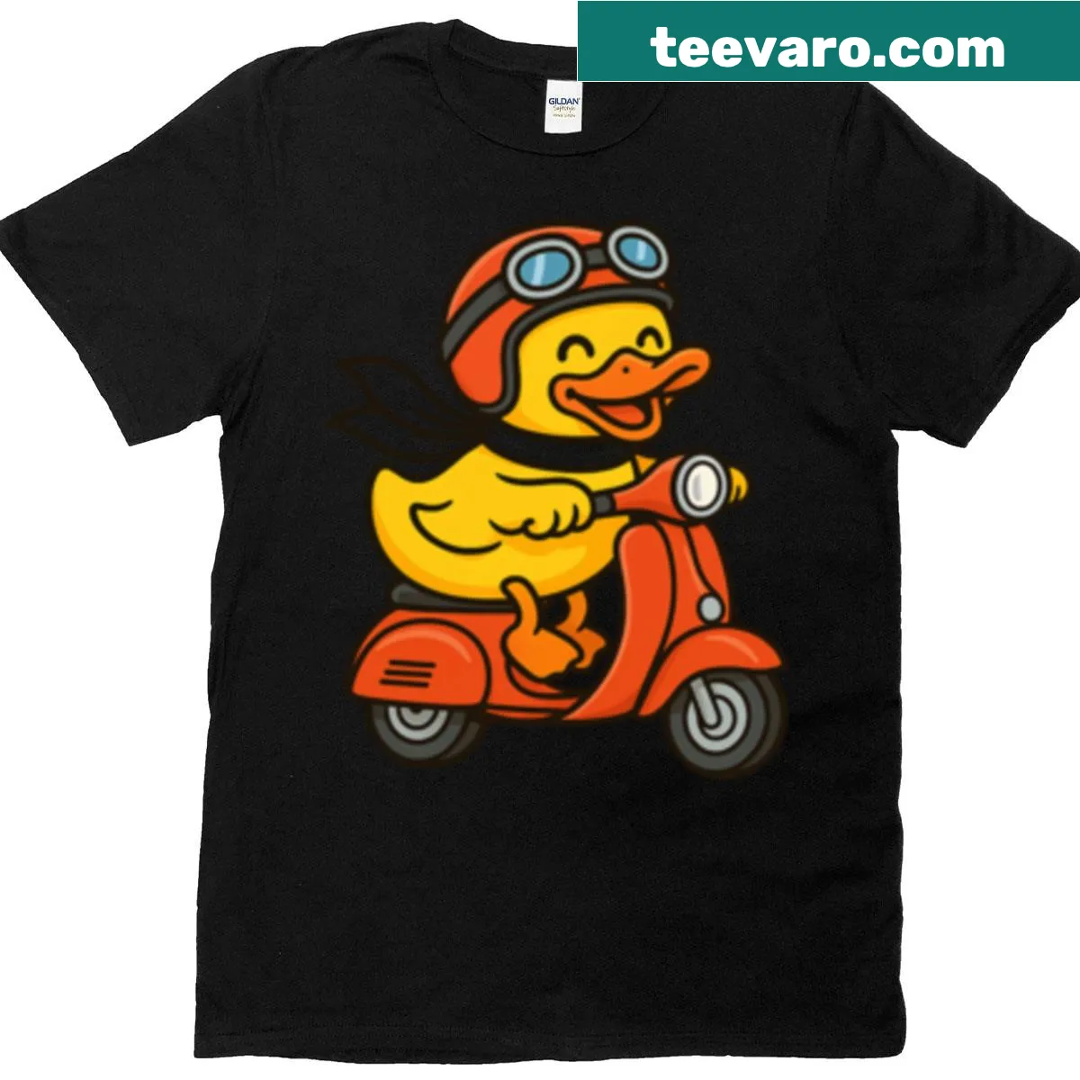 Oversized T-shirt featuring a duck riding a Vespa in a playful graphic. — on a men's t-shirt