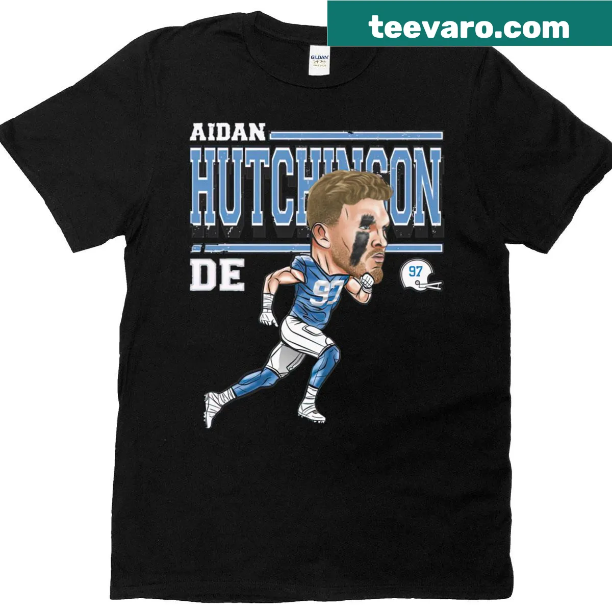 Cartoon Aidan Hutchinson T-shirt featuring a playful design. — on a men's t-shirt