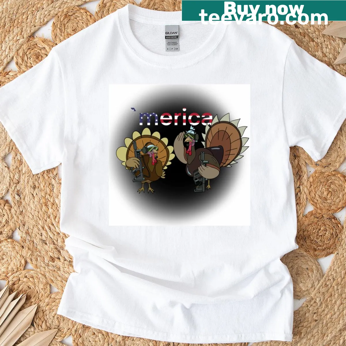 Humorous turkey with guns design on patriotic t-shirt — on a men's t-shirt