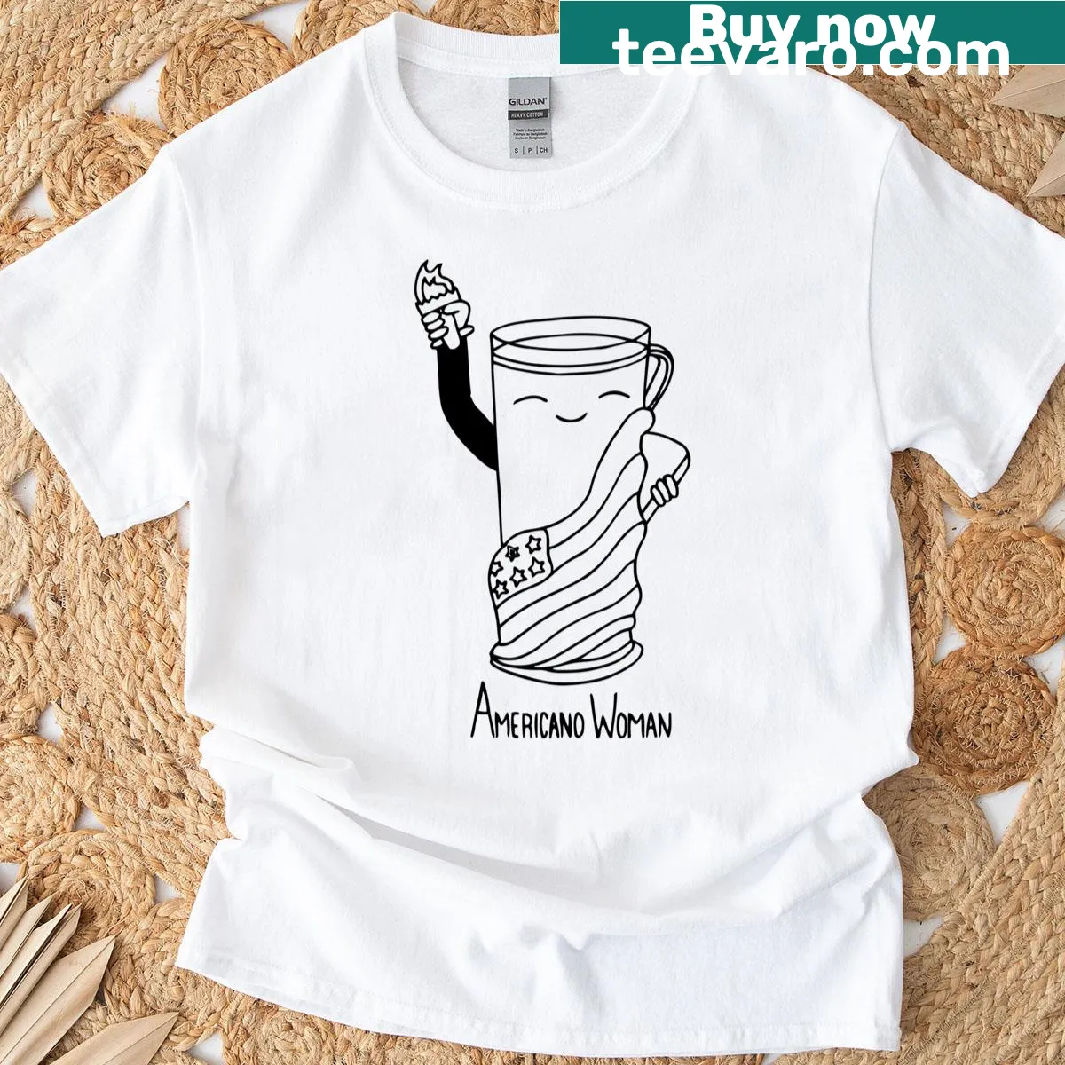 Humorous coffee lover design featuring a woman enjoying Americano — on a men's t-shirt