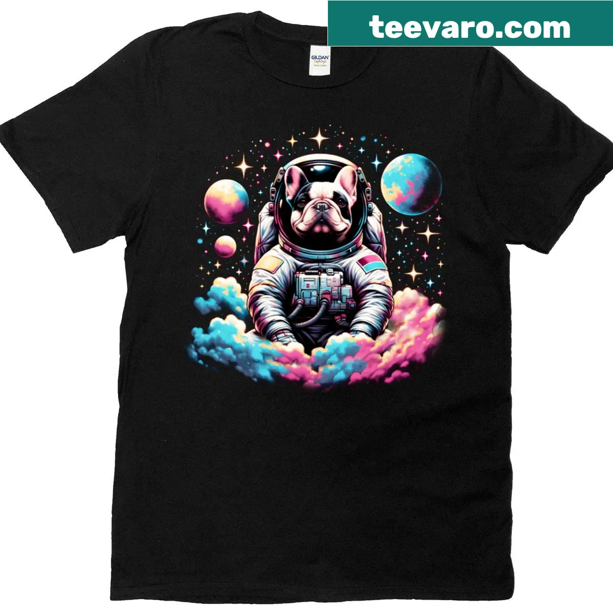 Funny t-shirt featuring an astronaut French Bulldog in space — on a men's t-shirt