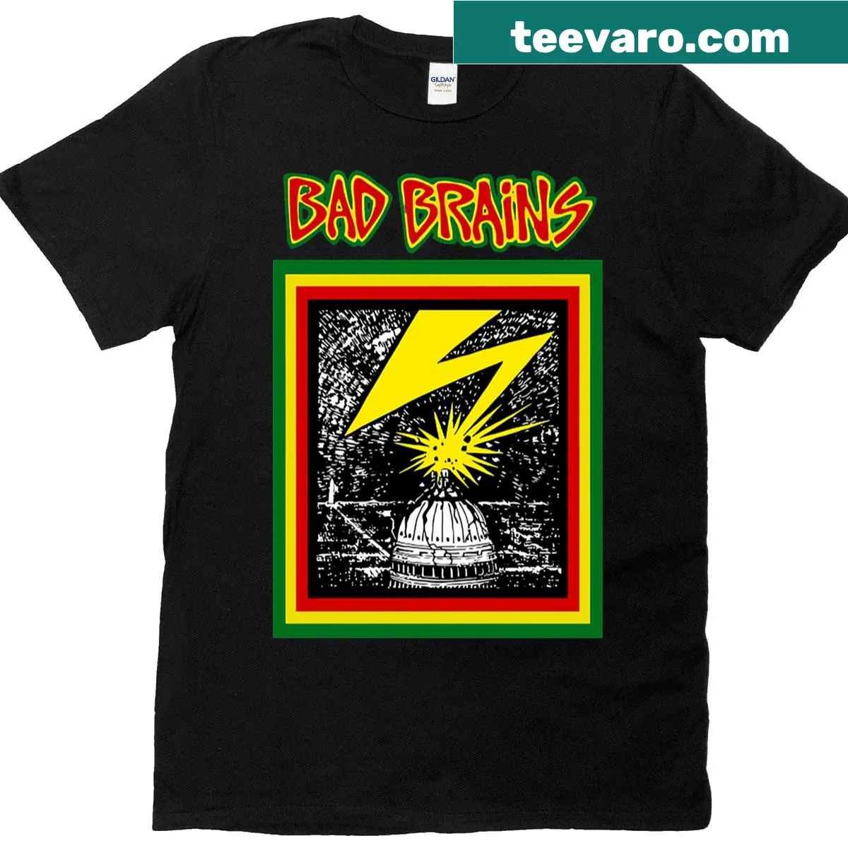 T-shirt featuring bold text design honoring Bad Brains band — on a men's t-shirt