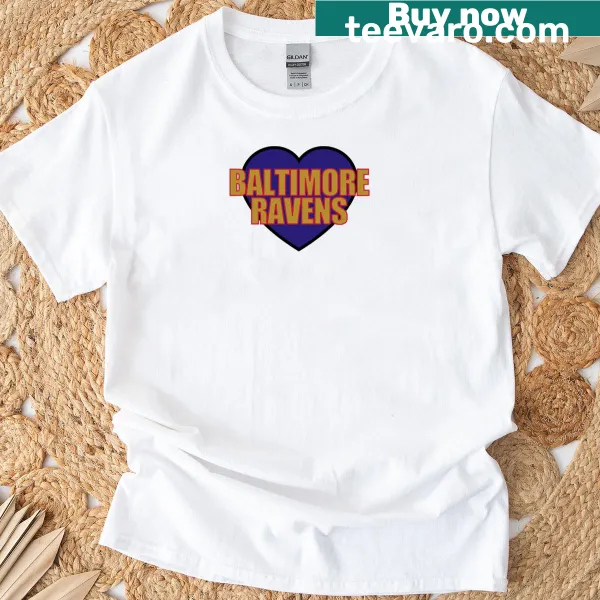Heart-shaped t-shirt design featuring the Baltimore Ravens logo