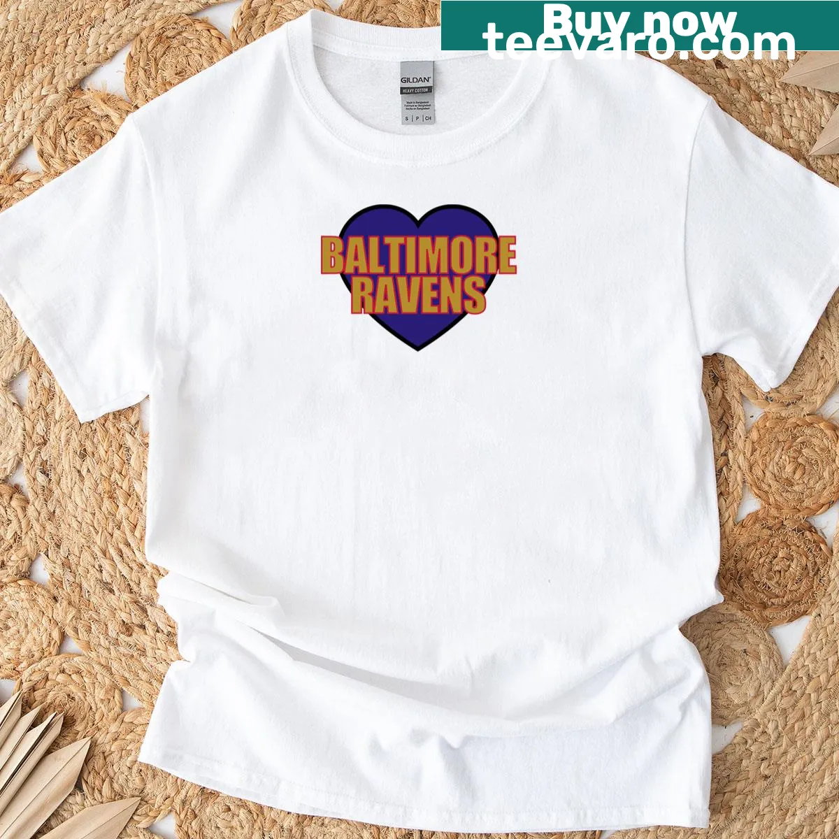Heart-shaped t-shirt design featuring the Baltimore Ravens logo — on a men's t-shirt