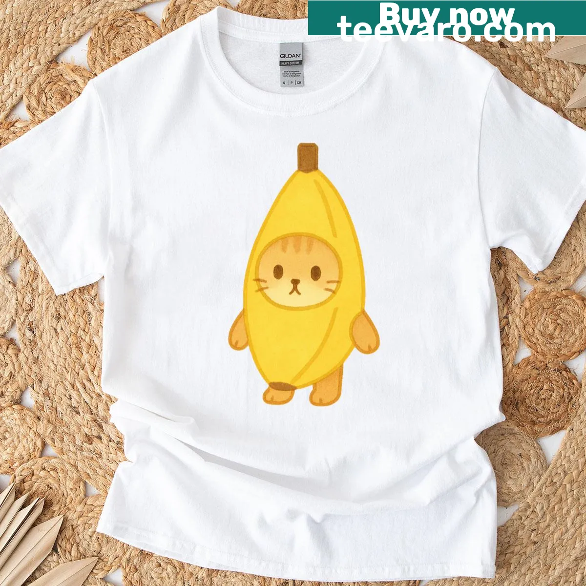T-shirt featuring a humorous graphic of a cat and banana — on a men's t-shirt