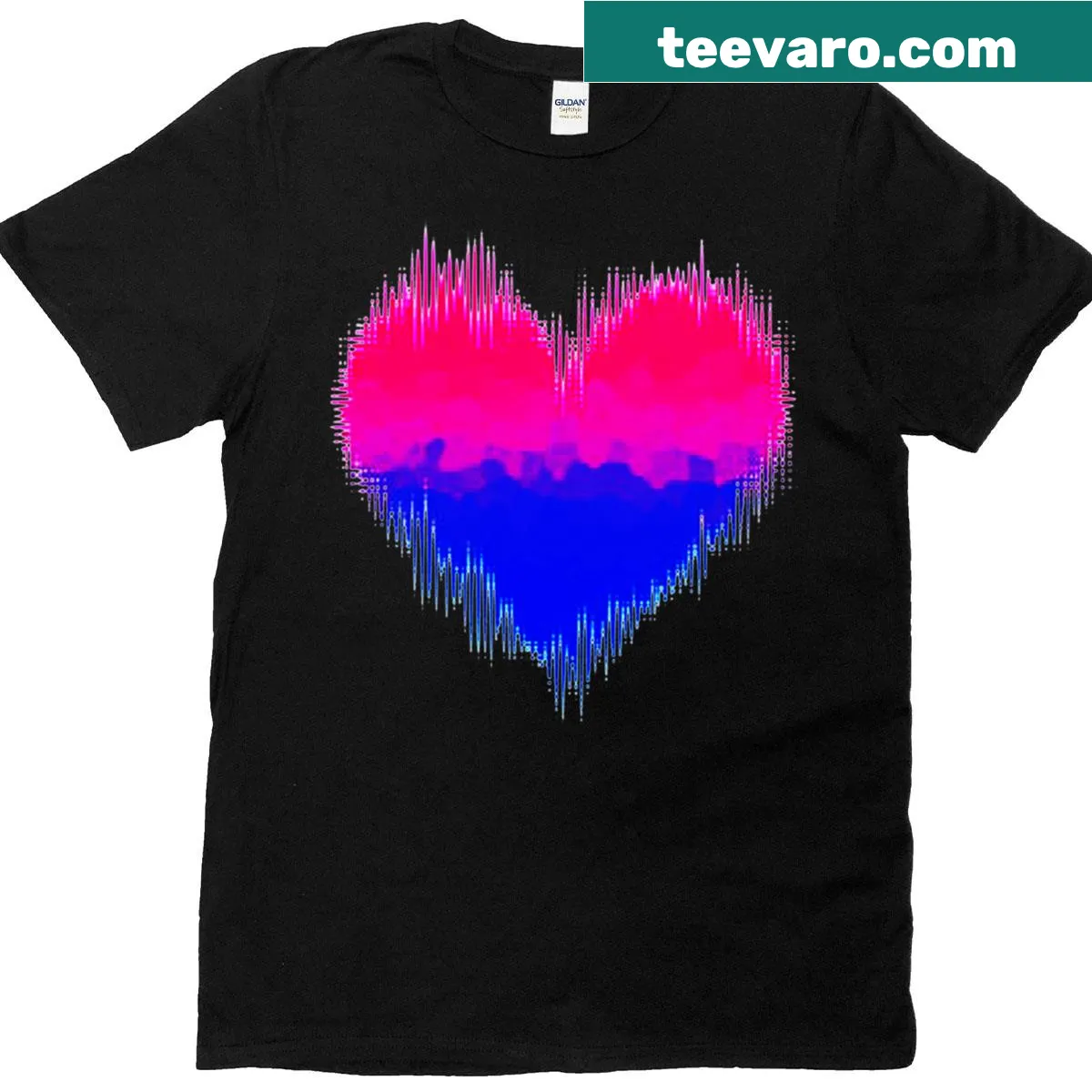 Bi Pride T-shirt with hearts in bisexual flag colors — on a men's t-shirt