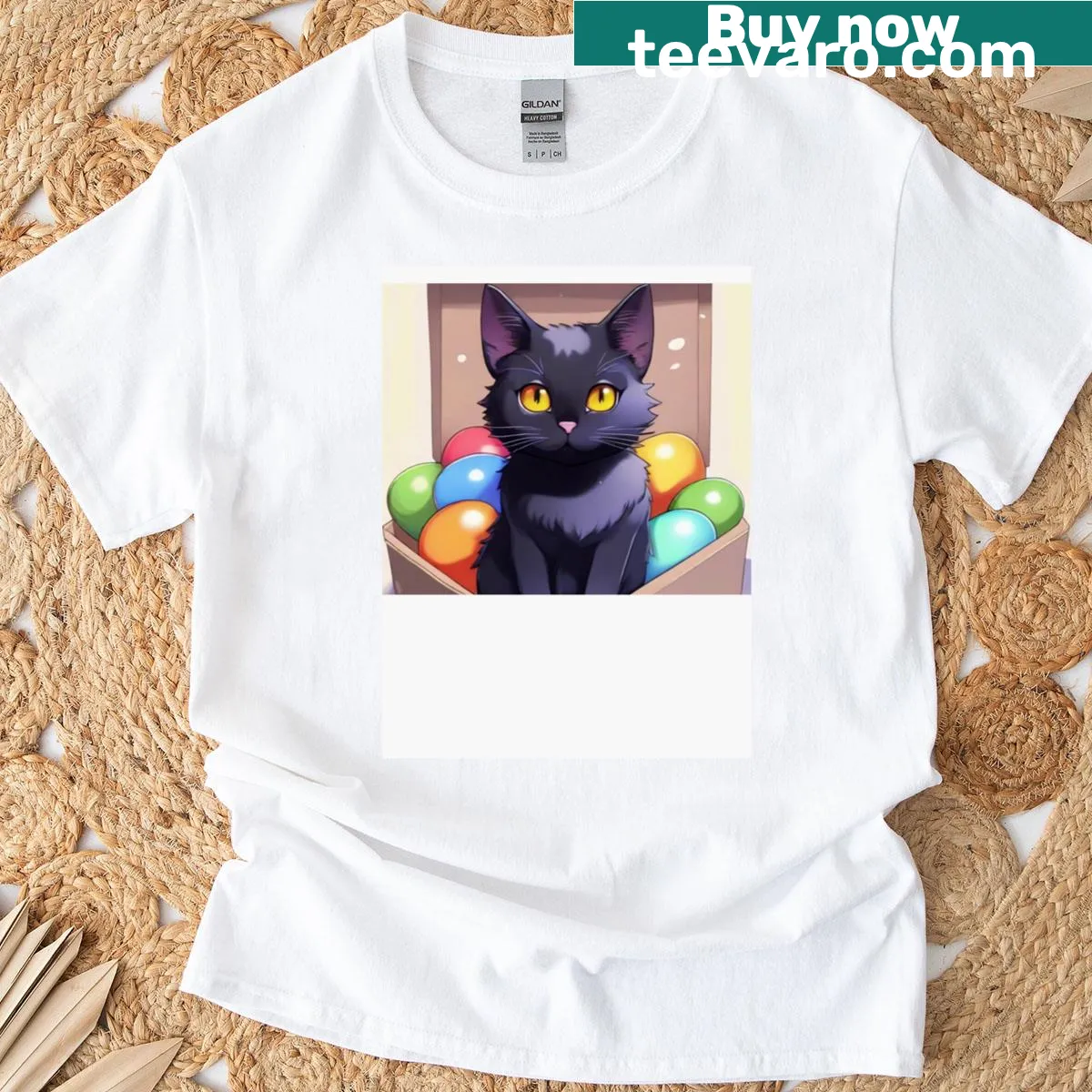 Anime-style black cat with golden eyes in a box of colorful balls — on a men's t-shirt