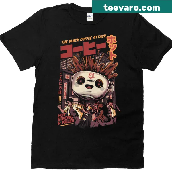 Coffee-themed T-shirt with whimsical Black Magic graphic