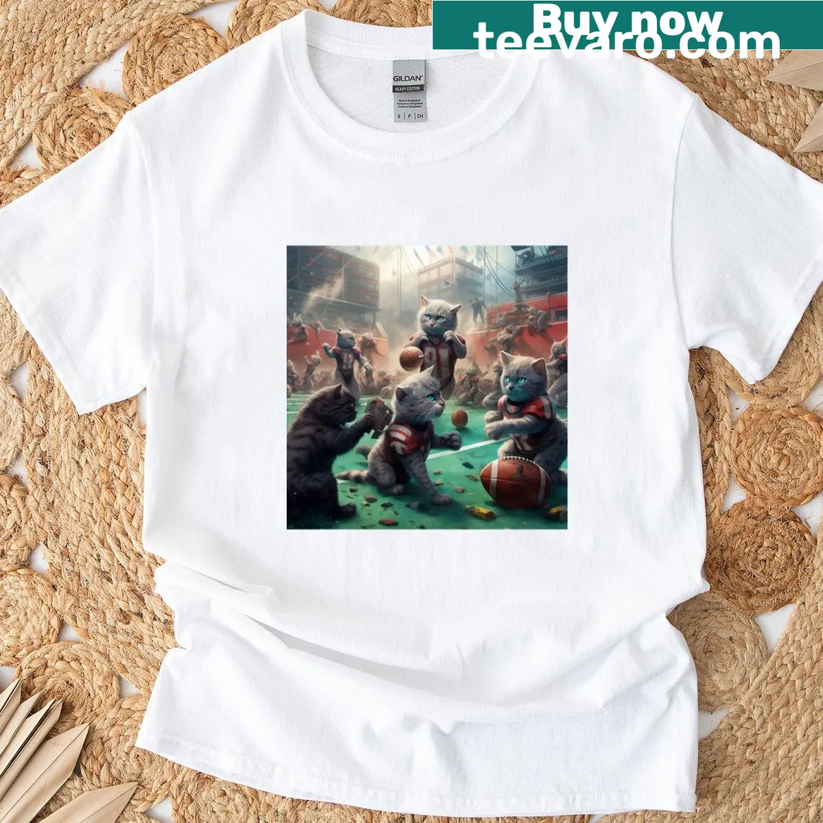 Illustration of blue cats playing soccer on a football pitch — on a men's t-shirt