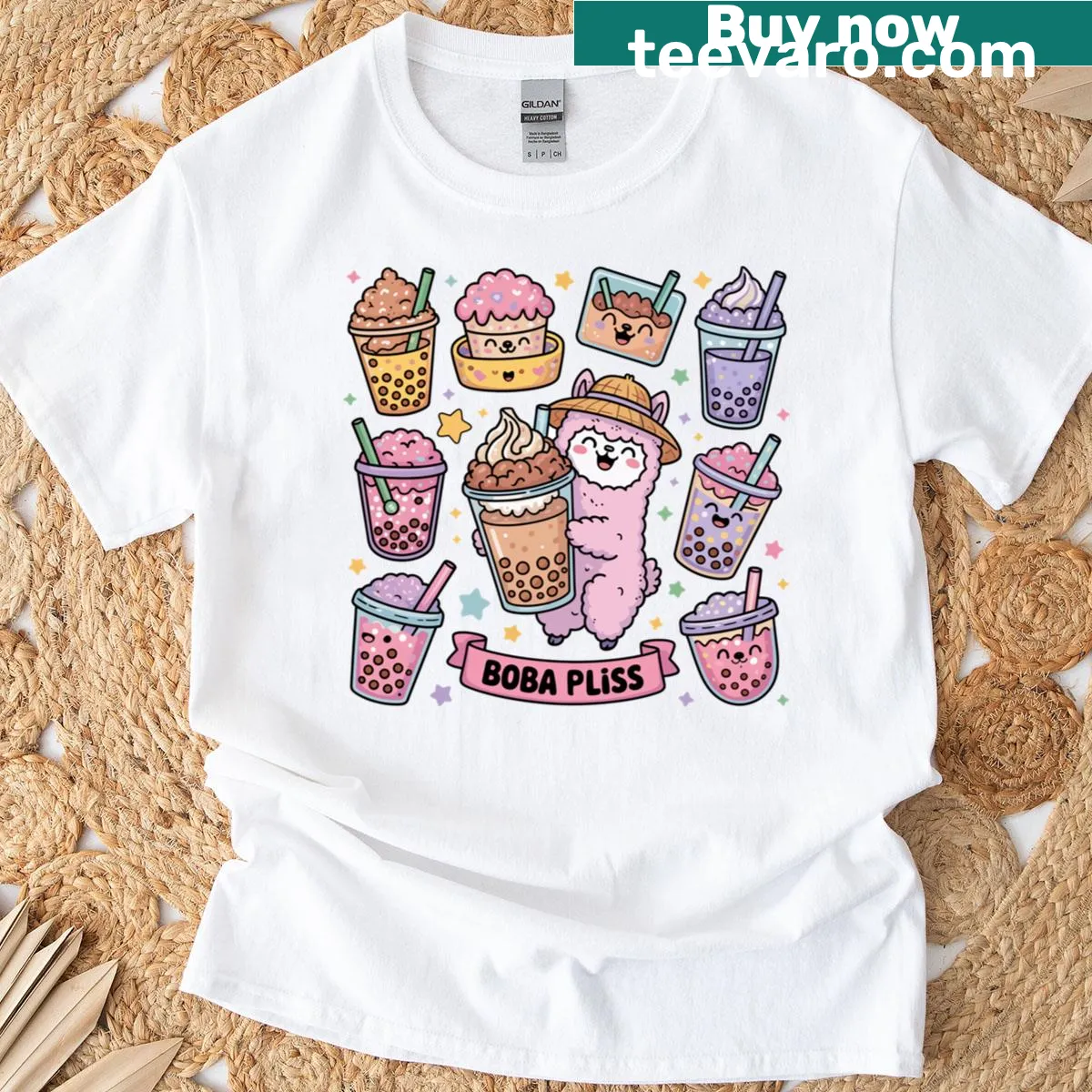Cartoon-style t-shirt featuring playful boba tea graphic — on a men's t-shirt