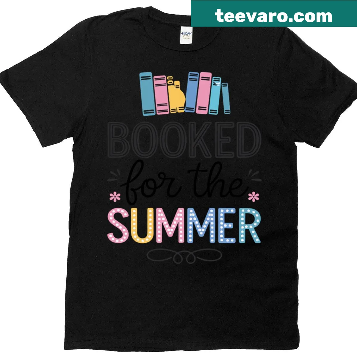 Summer reading librarian t-shirt with Booked For The Summer text — on a men's t-shirt