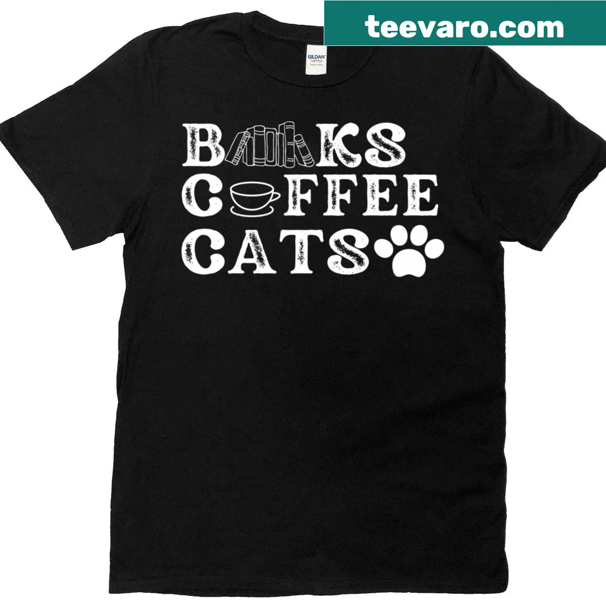 Charming T-shirt featuring books, coffee, and cats design — on a men's t-shirt