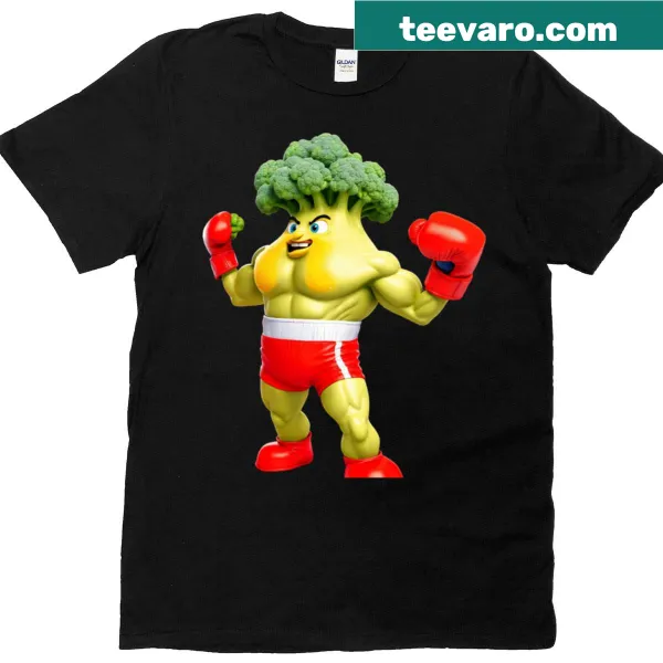 Funny cartoon broccoli character depicted as a brawler ready for action.