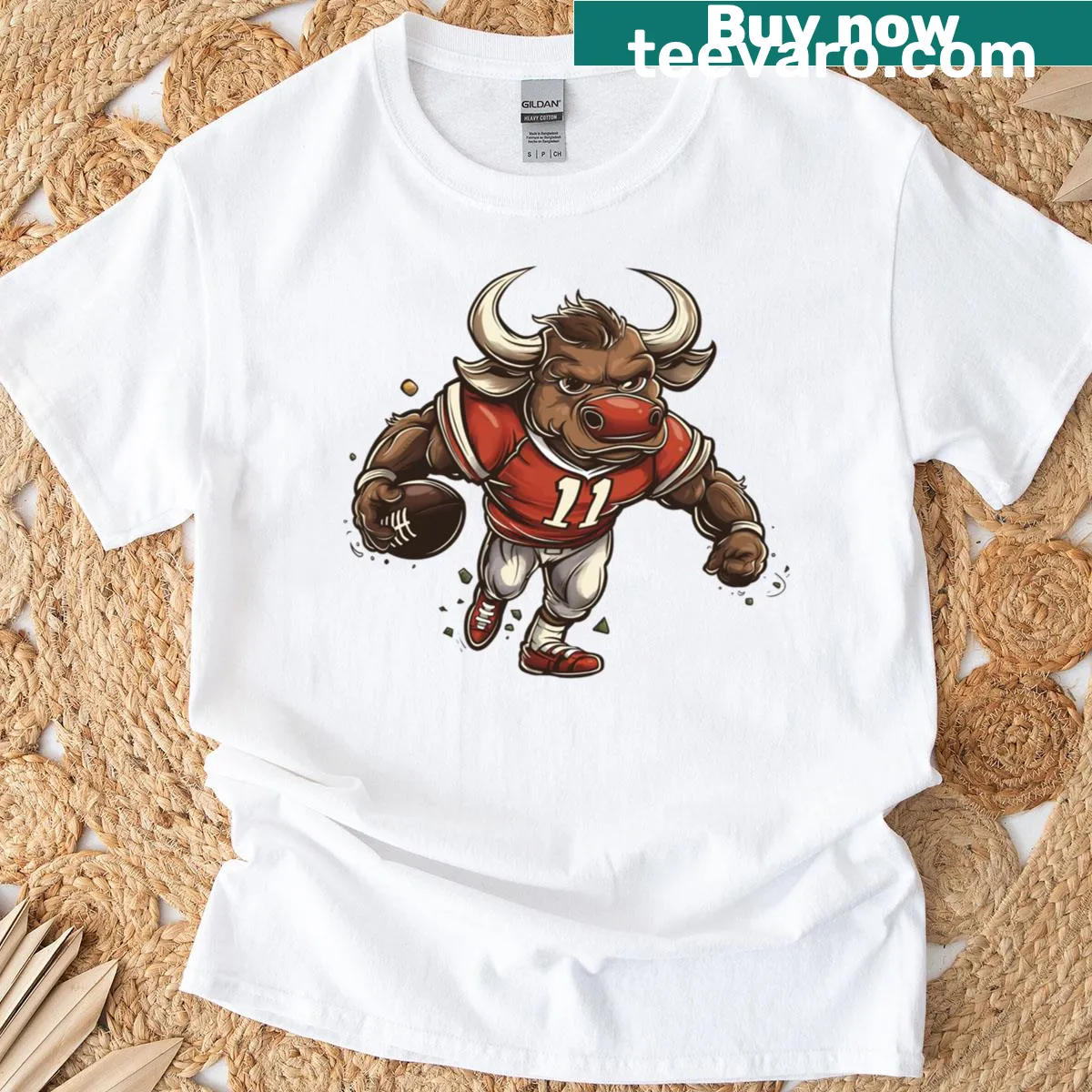 T-shirt featuring dynamic bull football graphic — on a men's t-shirt
