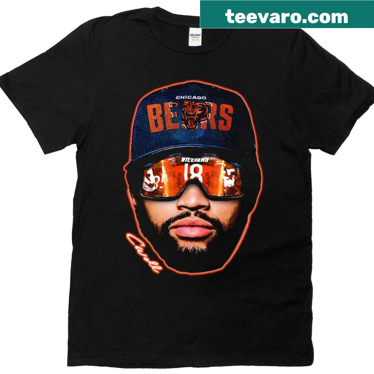 Caleb Williams Big Face shirt with a bold illustration of his face. — on a men's t-shirt