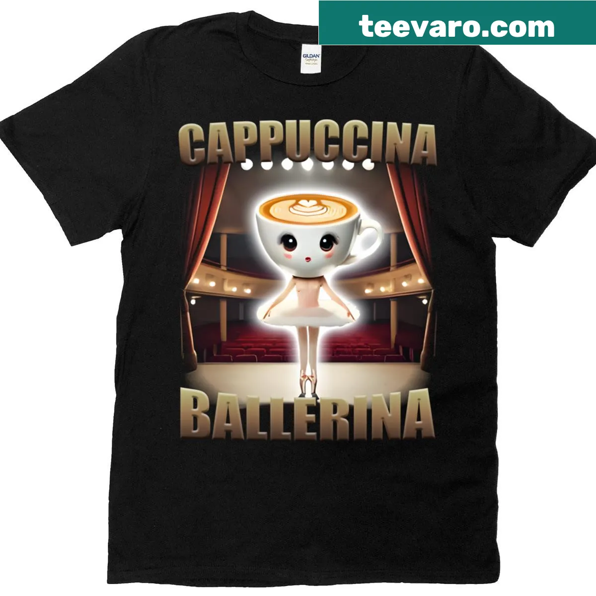 Funny T-shirt with a cartoon cappuccino and ballerina graphic — on a men's t-shirt