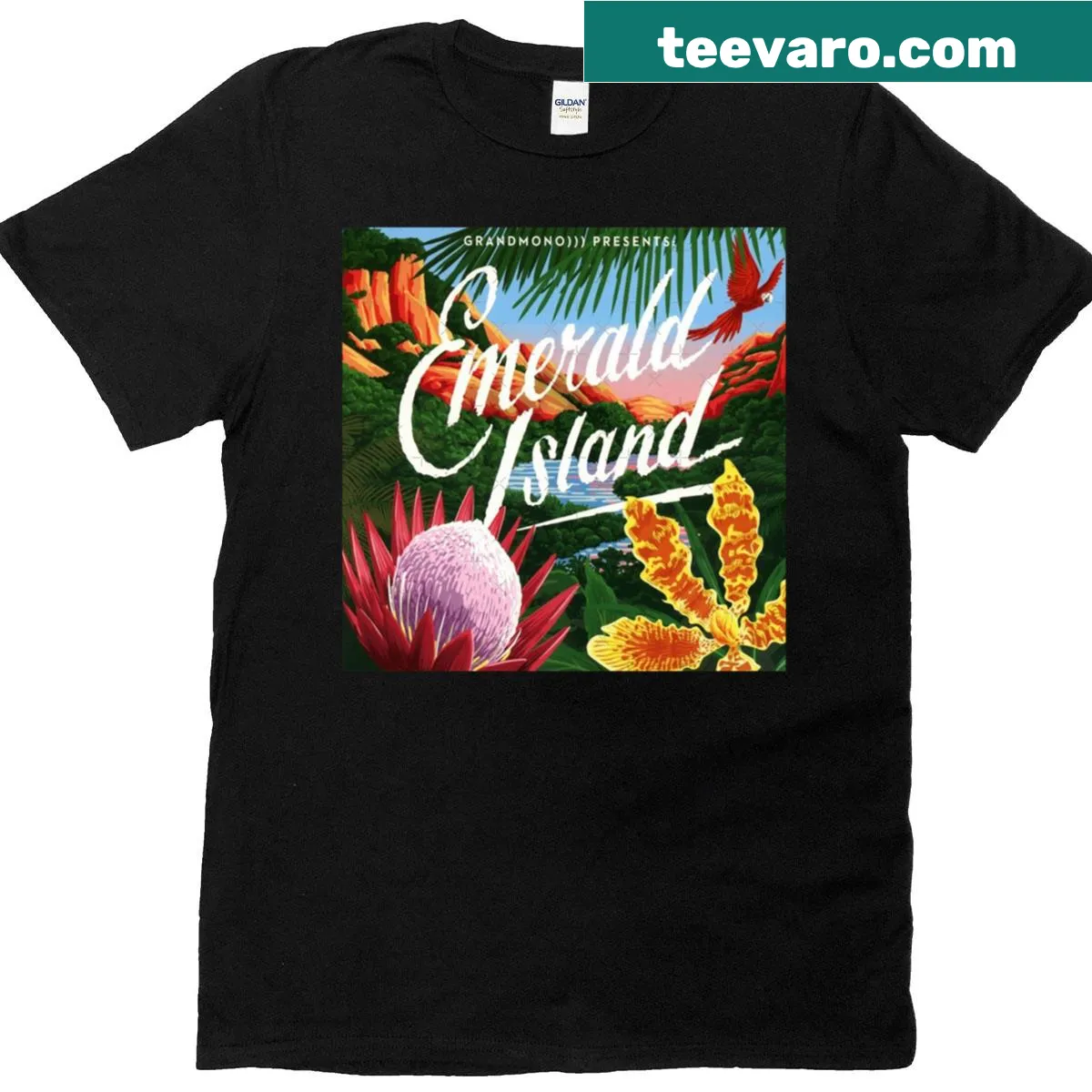 Caro Emerald Emerald Island album T-shirt with text design — on a men's t-shirt