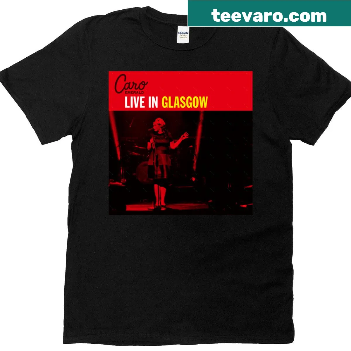 Caro Emerald Live In Glasgow album T-shirt with text — on a men's t-shirt