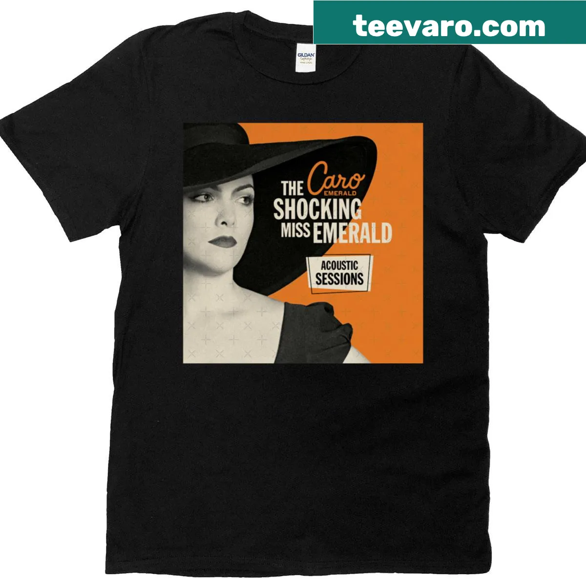 T-shirt featuring Caro Emerald Acoustic Sessions album design — on a men's t-shirt