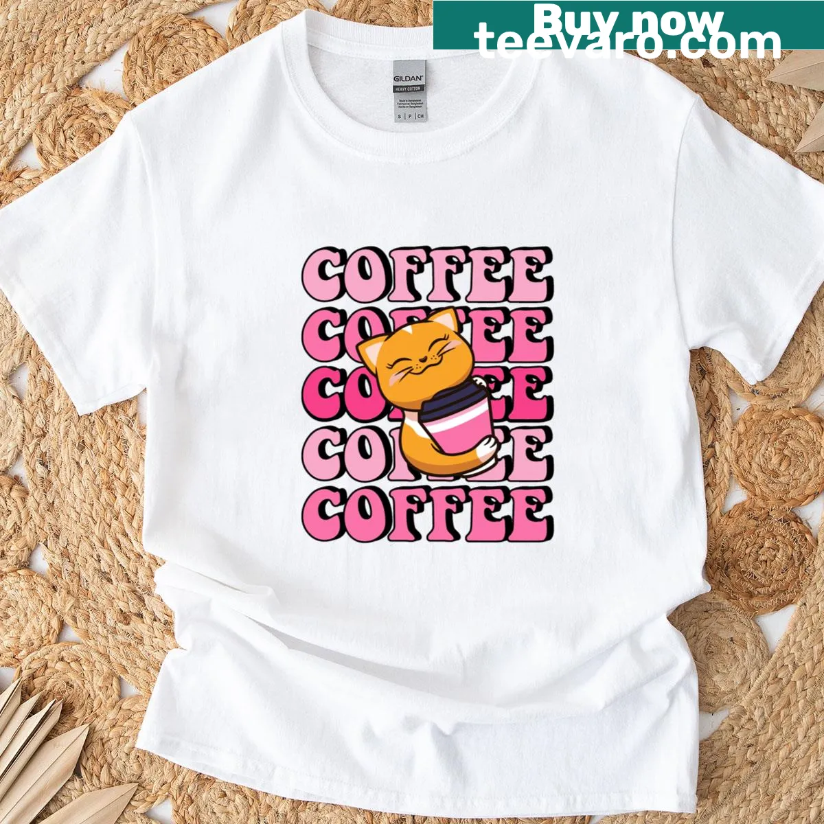 Illustration of a cat enjoying coffee, ideal for cat lovers — on a men's t-shirt