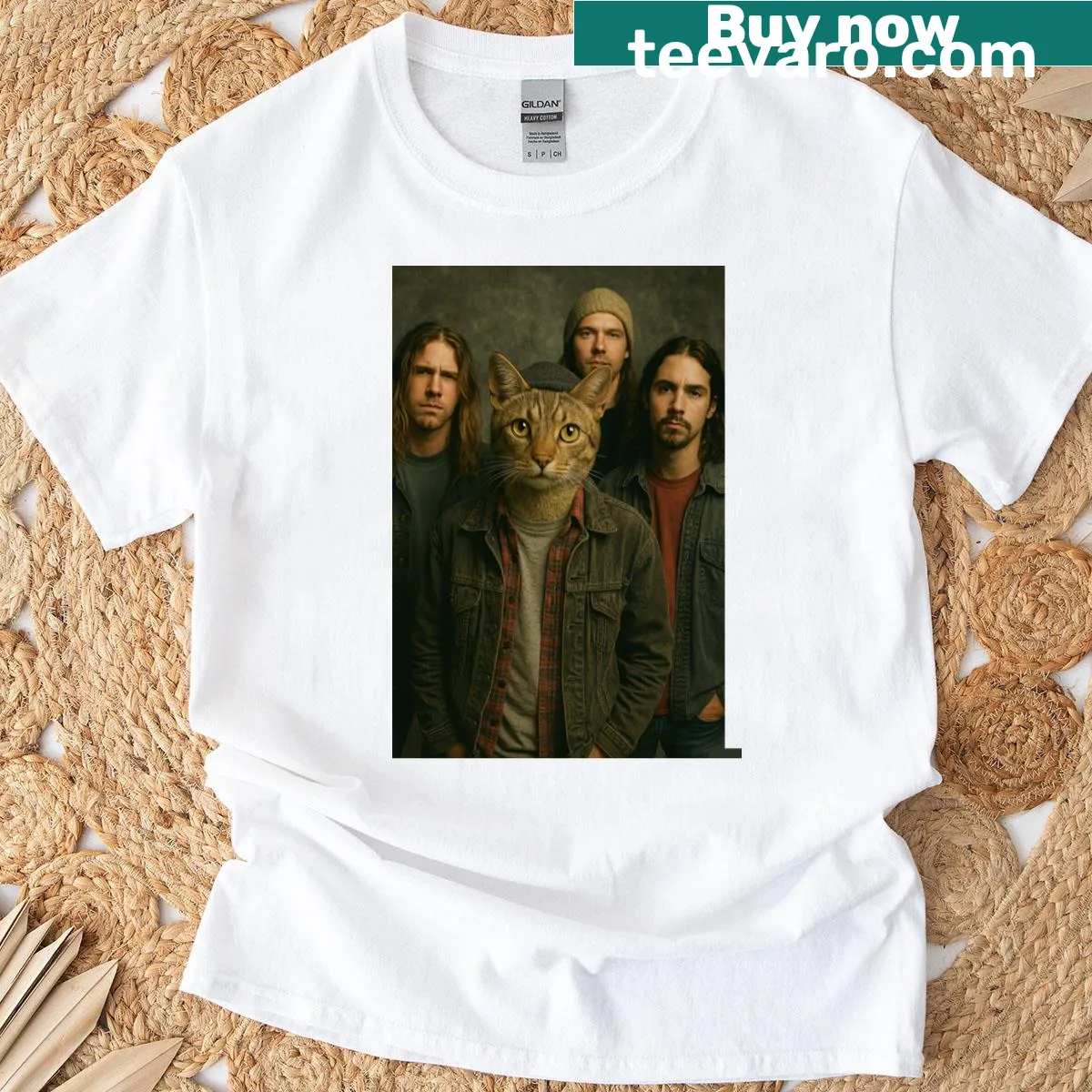 90s grunge style t-shirt featuring a pocket cat design — on a men's t-shirt
