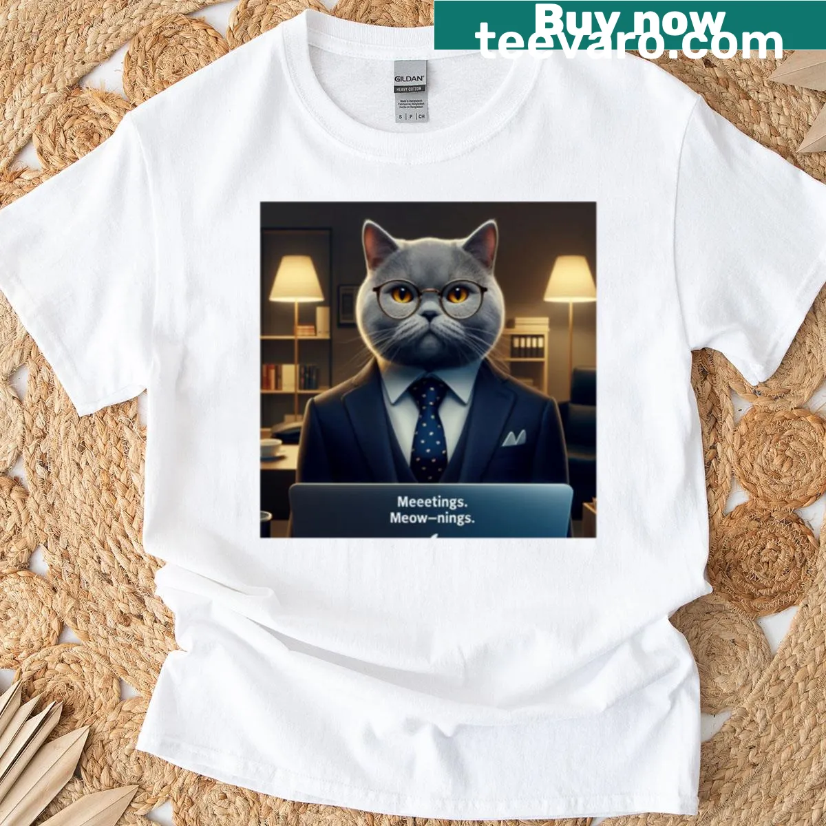 Digital art of a British Shorthair cat styled as a CEO — on a men's t-shirt