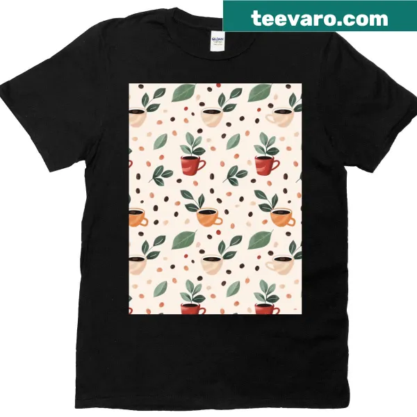 T-shirt featuring a charming coffee pattern with cups and beans