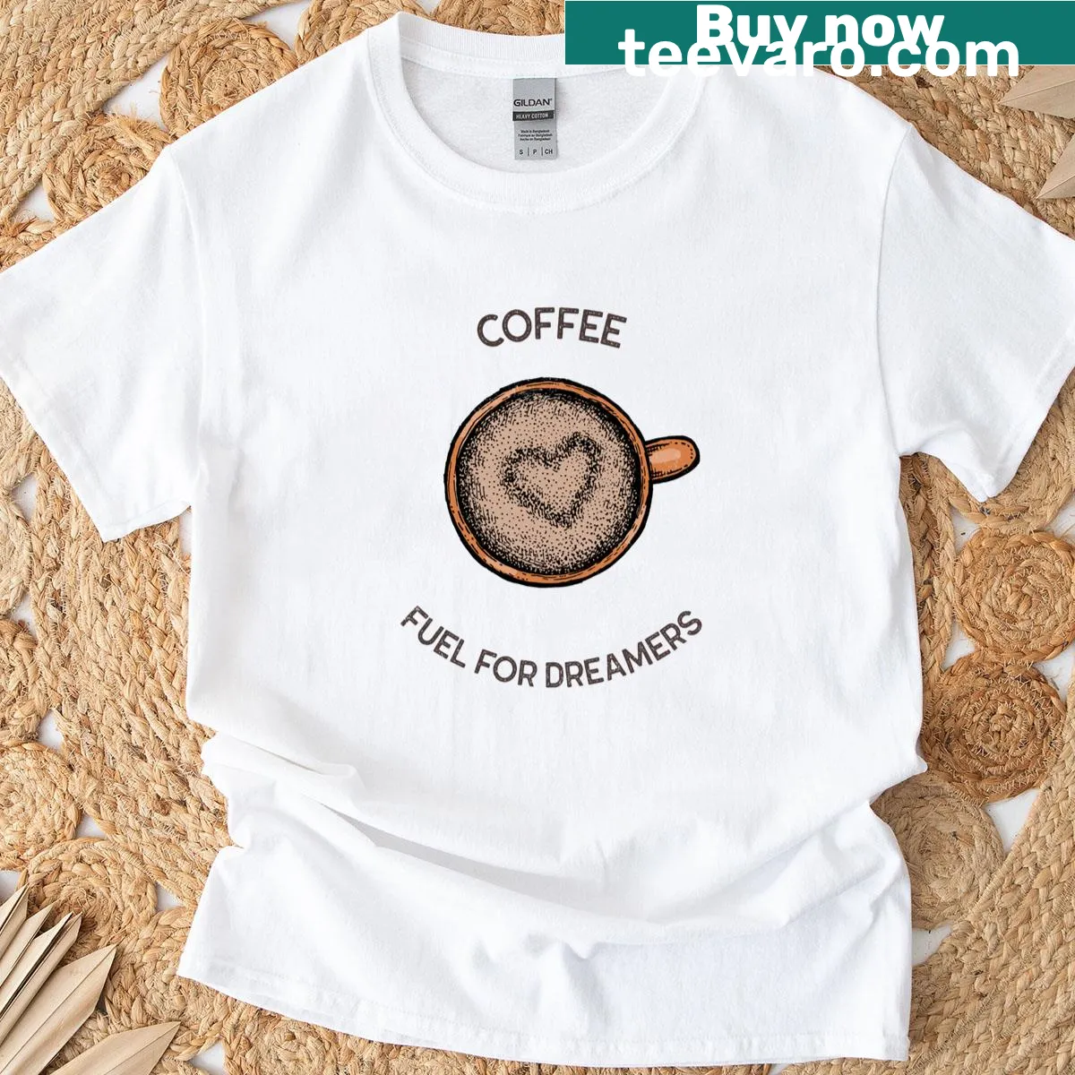 Inspirational typography T-shirt celebrating coffee and dreams — on a men's t-shirt