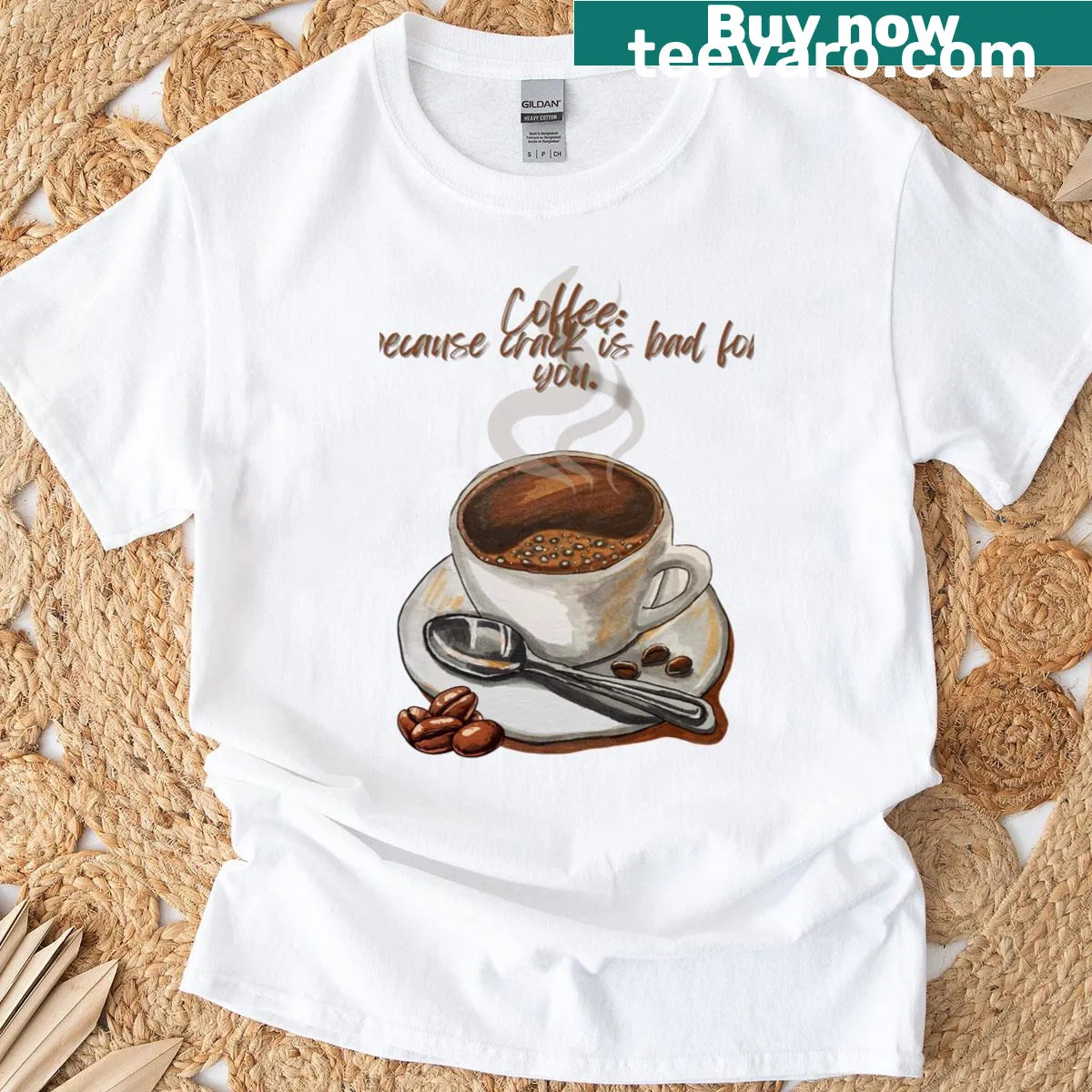 Witty t-shirt with 'Coffee Because Crack Is Bad For You' text — on a men's t-shirt