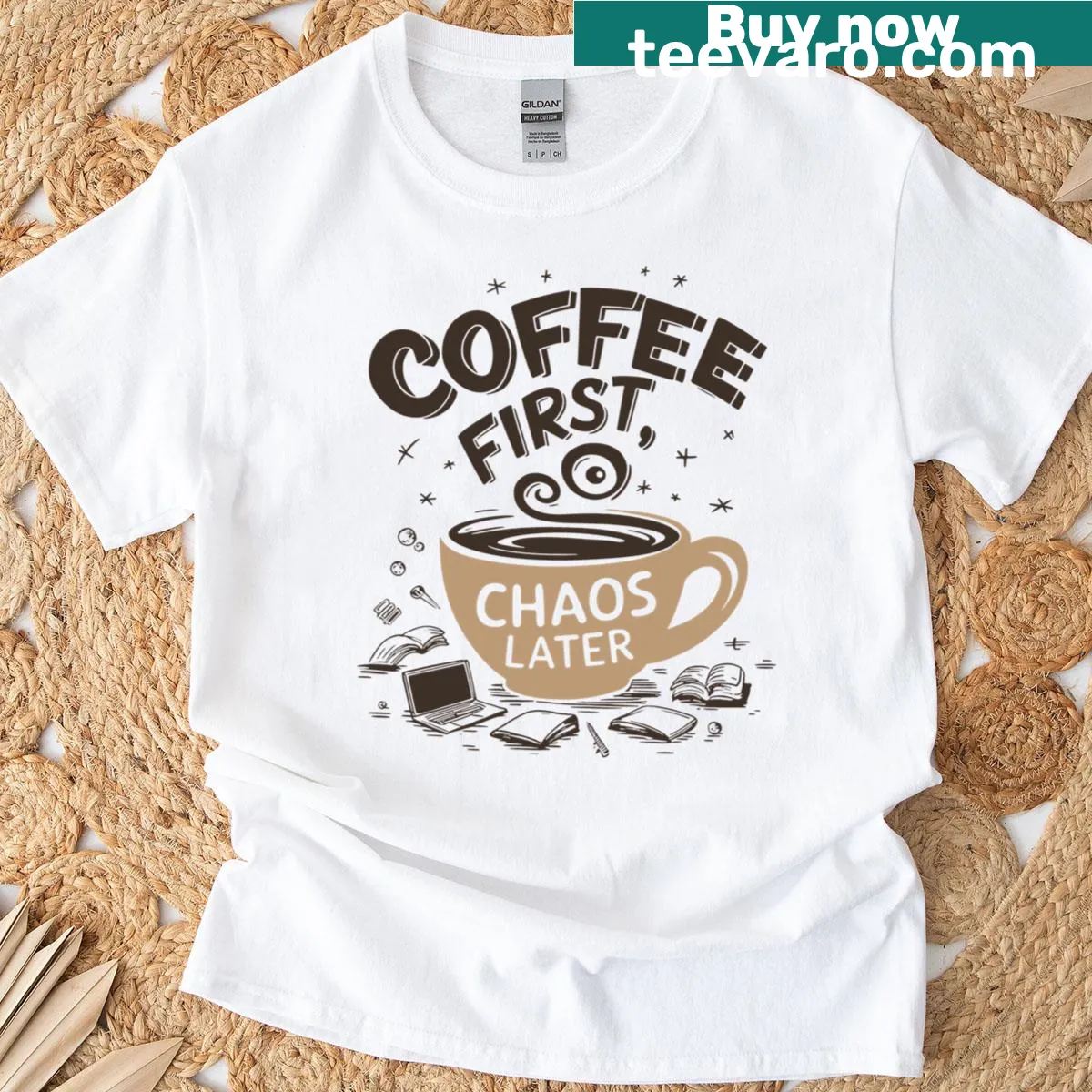 Funny T-shirt with the phrase Coffee First Chaos Later. — on a men's t-shirt