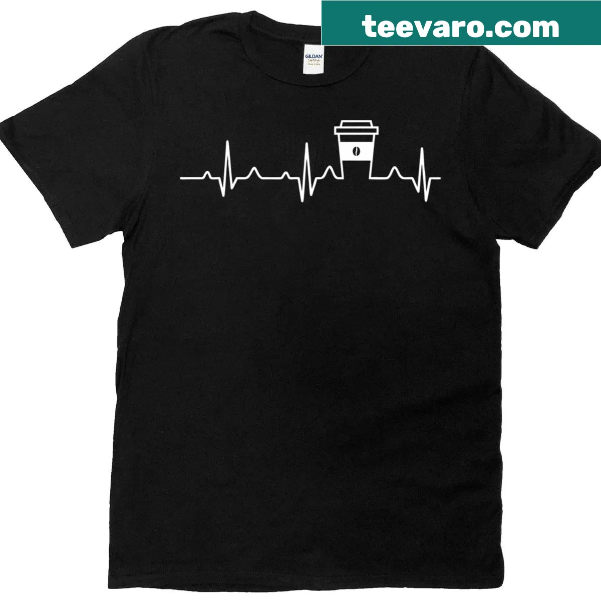 Coffee-themed T-shirt with heartbeat and coffee cup illustration — on a men's t-shirt