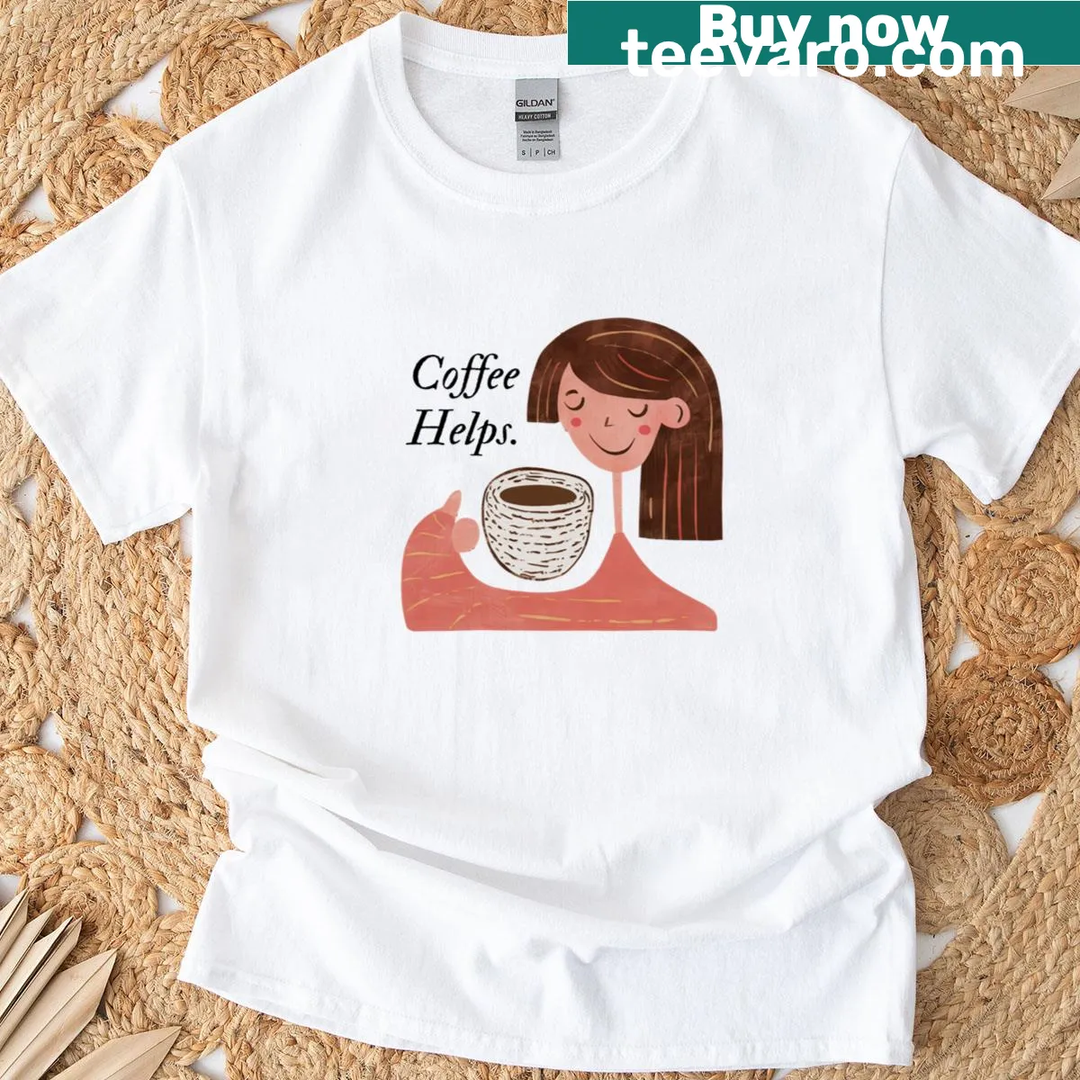 T-shirt with the uplifting message 'Coffee Helps' in cheerful font — on a men's t-shirt