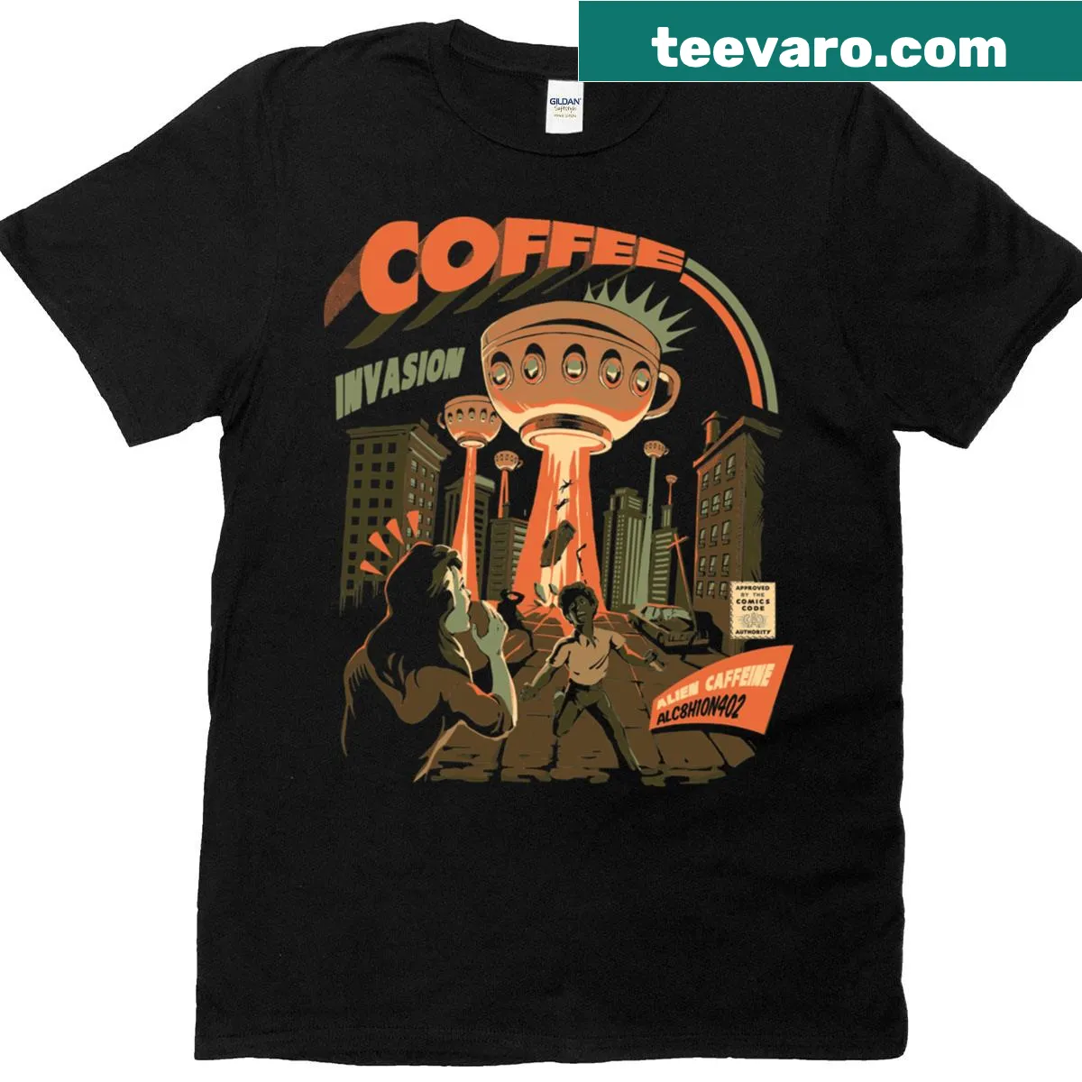 Whimsical coffee invasion illustration on a t-shirt — on a men's t-shirt