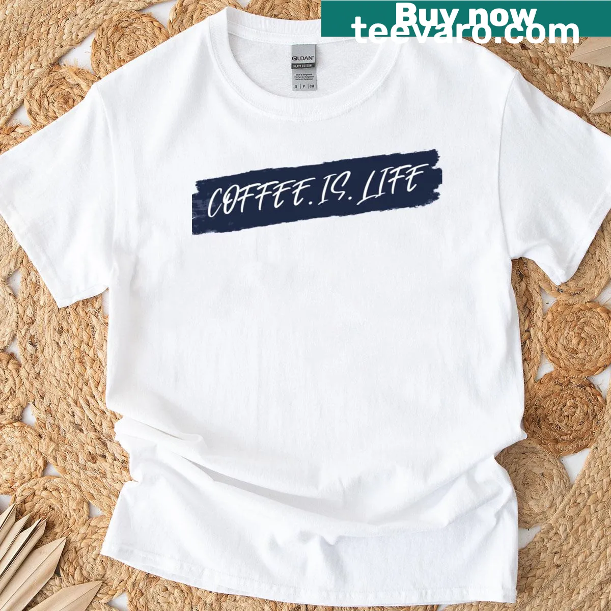 Text graphic reading 'Coffee Is Life' on a T-shirt — on a men's t-shirt