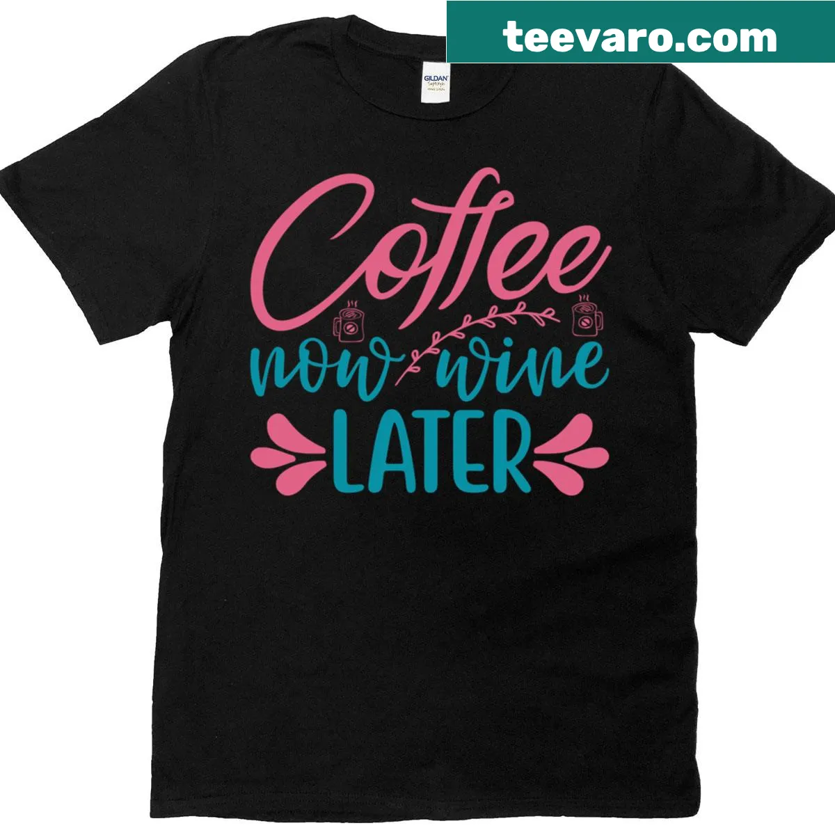 Playful Coffee Now Wine Later T-shirt design — on a men's t-shirt