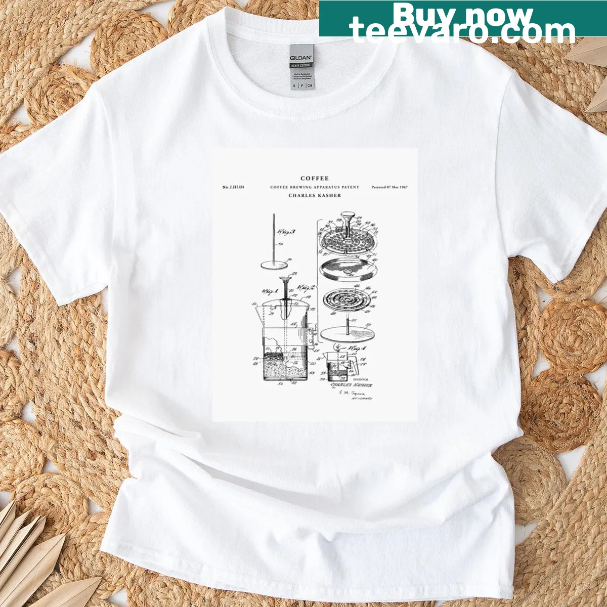 Blueprint design of a coffee maker on a T-shirt — on a men's t-shirt