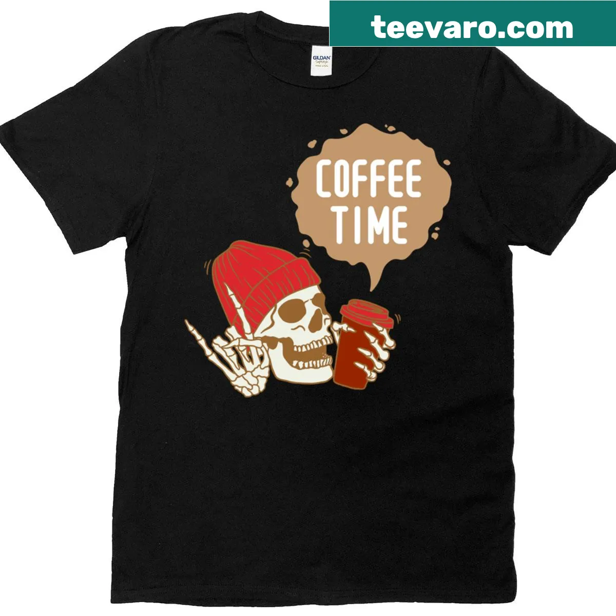 Skeleton enjoying coffee graphic on an oversized t-shirt — on a men's t-shirt
