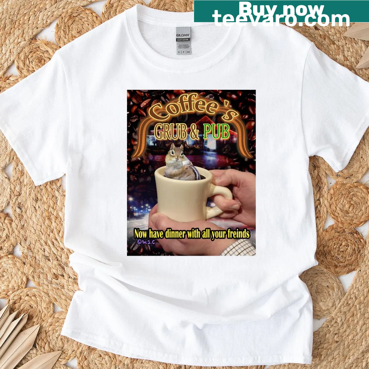 Graphic featuring coffee, food, and pub theme on a T-shirt — on a men's t-shirt