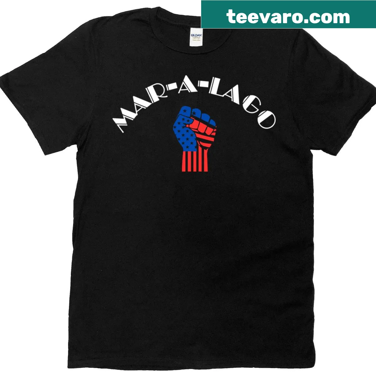 T-shirt featuring American flag graphic and Mar-a-Lago theme — on a men's t-shirt