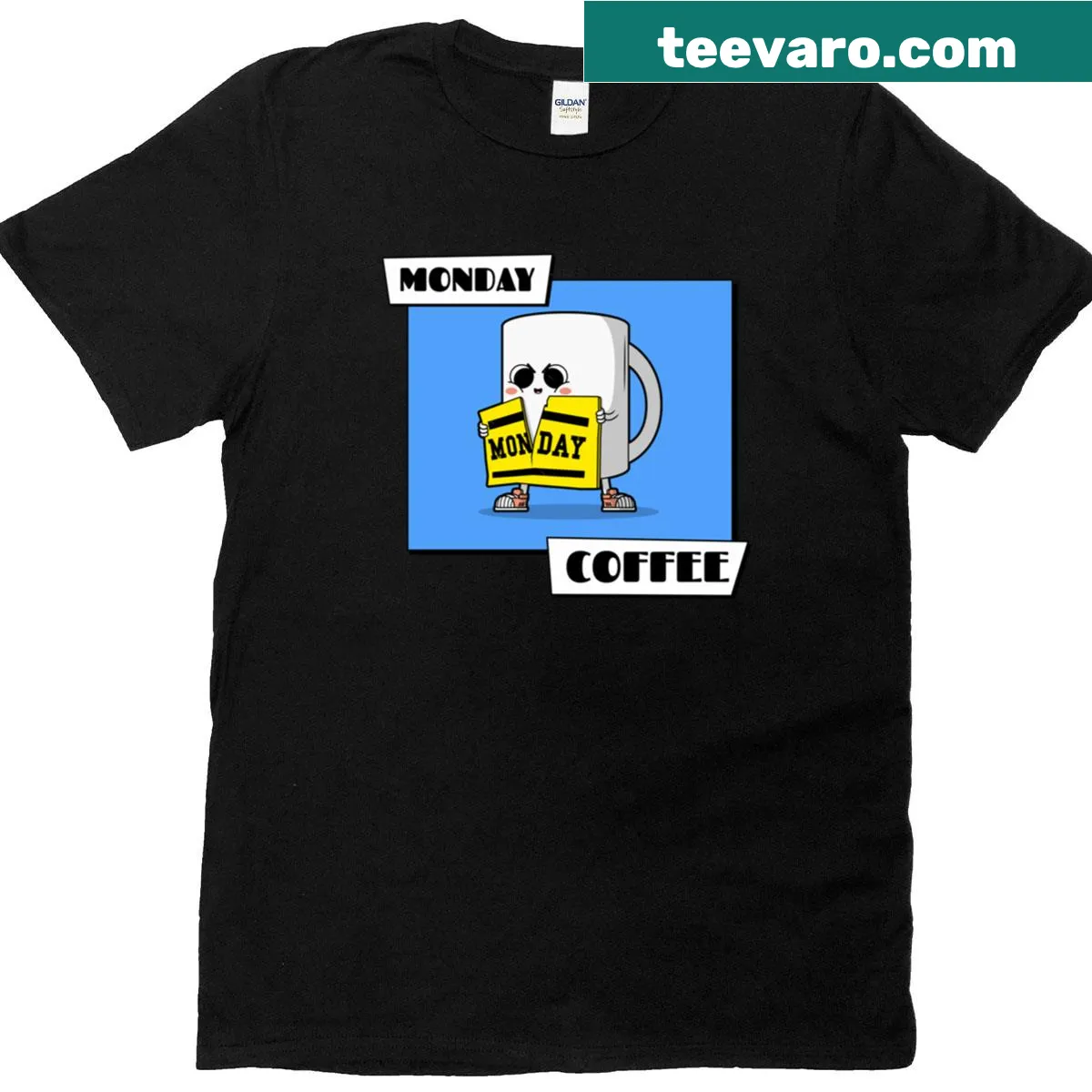 Cute coffee character design for Monday mornings — on a men's t-shirt