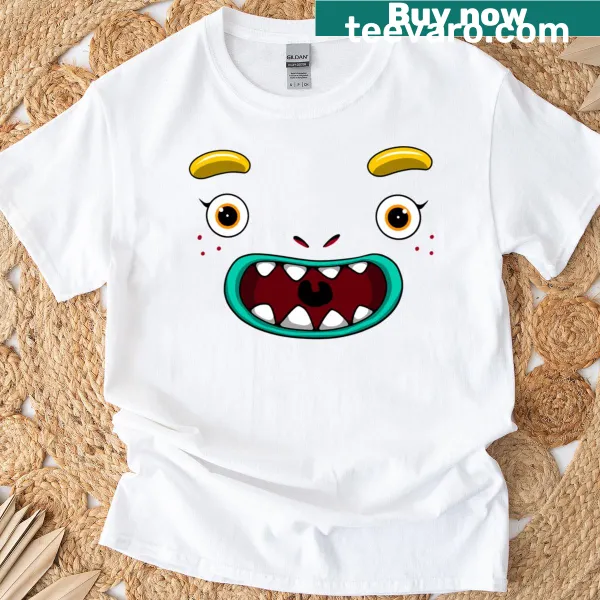 Cartoon monster face T-shirt featuring a happy, funny design
