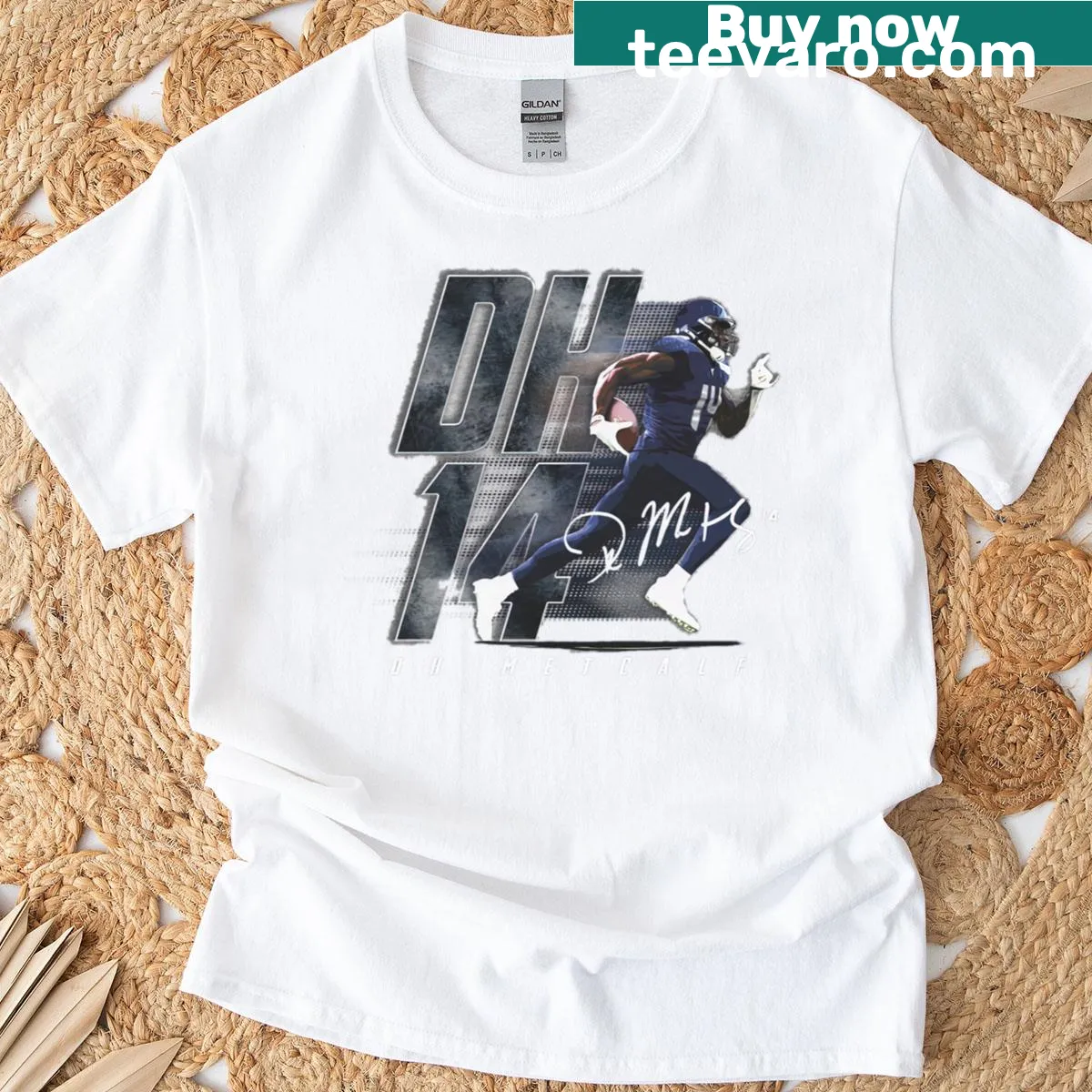 Stylized blur graphic with bold text representing DK Metcalf. — on a men's t-shirt