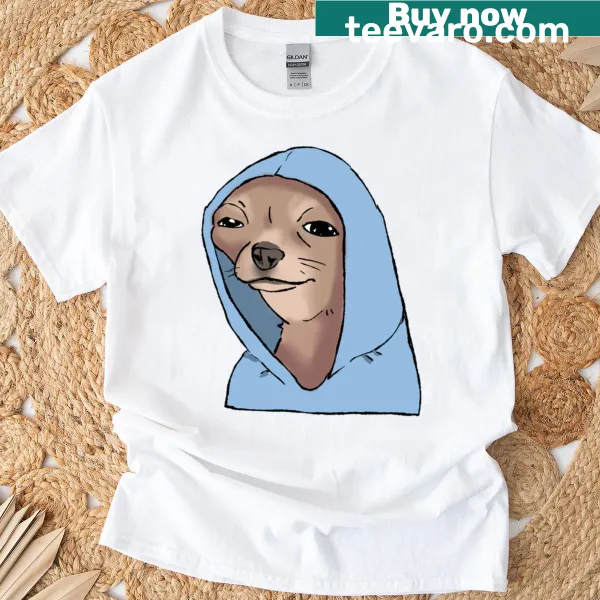Cartoon of a dog styled in blue meme design on a t-shirt
