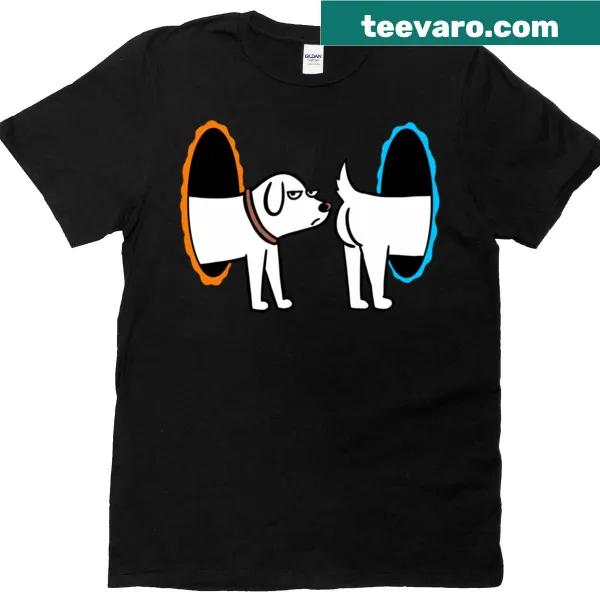 Cartoon t-shirt depicting a dog stepping through a whimsical portal