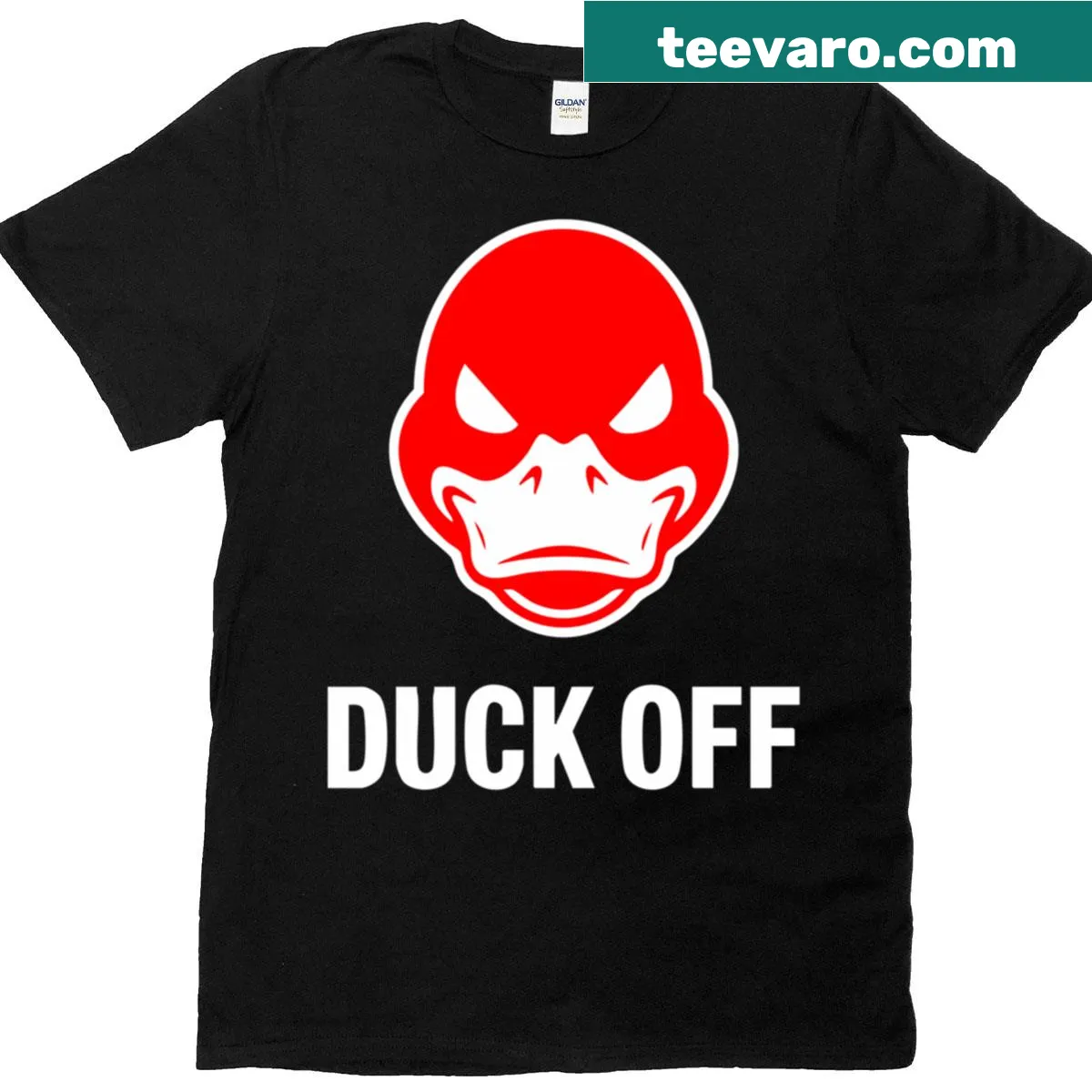 Cheeky cartoon duck with humorous text on an oversized T-shirt — on a men's t-shirt