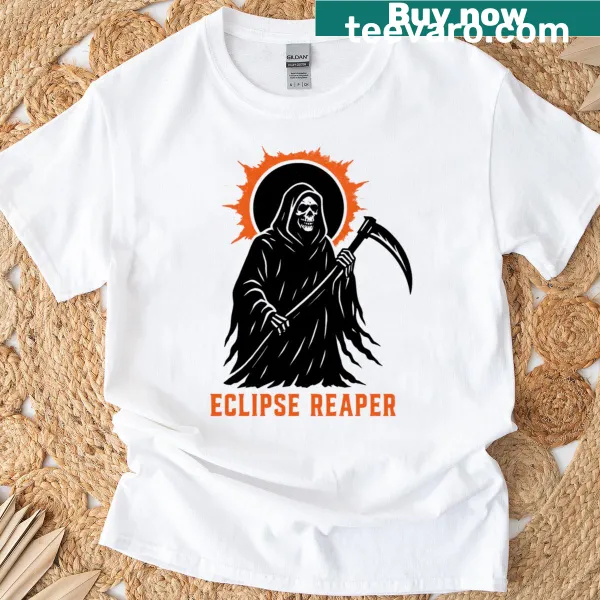 Whimsical reaper character with celestial background graphic