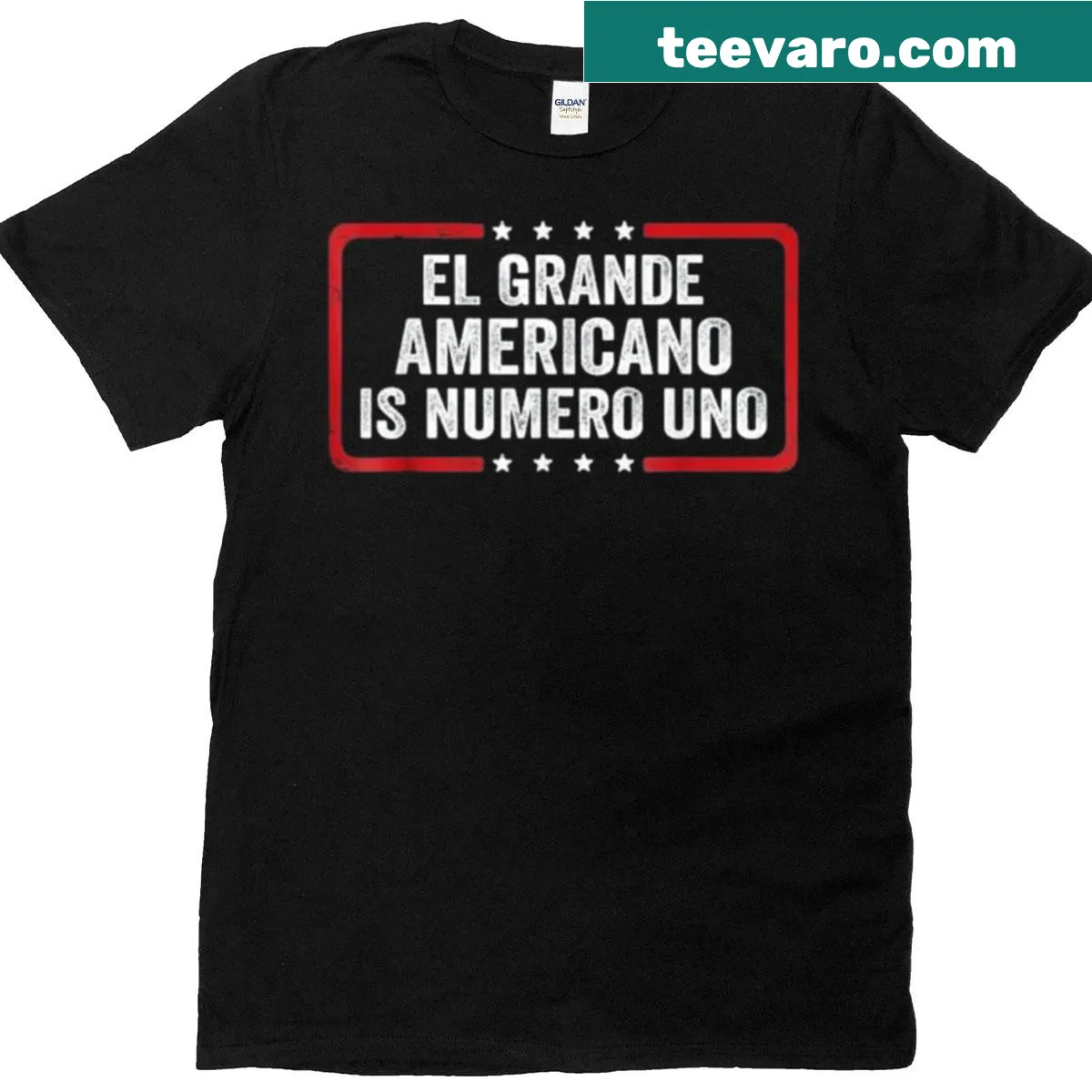 Text 'El Grande Americano Is Numero Uno' on a patriotic t-shirt — on a men's t-shirt
