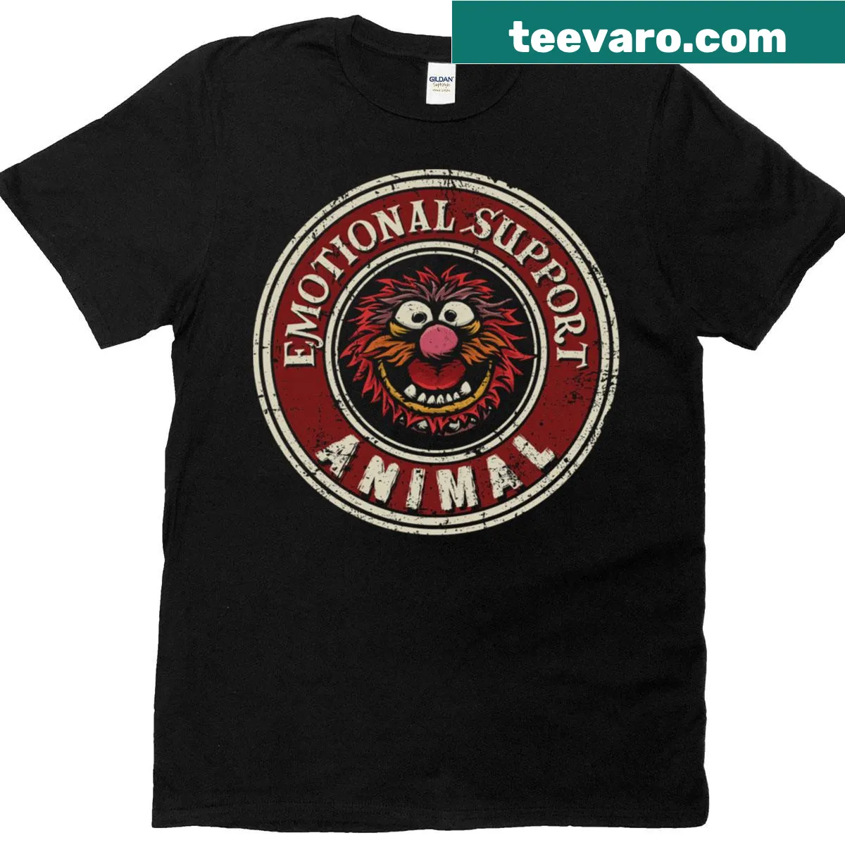 T-shirt featuring a graphic celebrating emotional support animals. — on a men's t-shirt